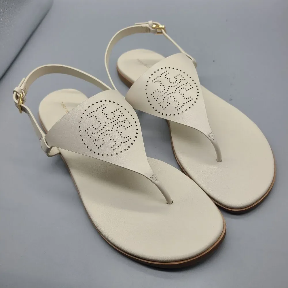 TORY BURCH CAPRI Perforated Logo White Leather Thong Flat Sandals  Sz 10.5 New